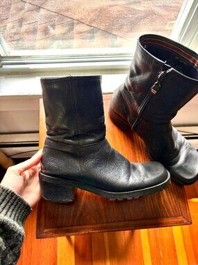 Tommy Hilfiger Chunky Y2K Black Mid-Calf Boots Black Leather Square Toe Size 8